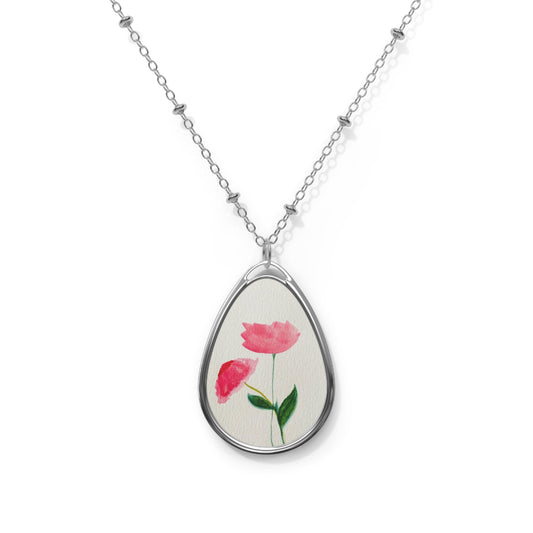 Two Pink Flowers Oval Necklace