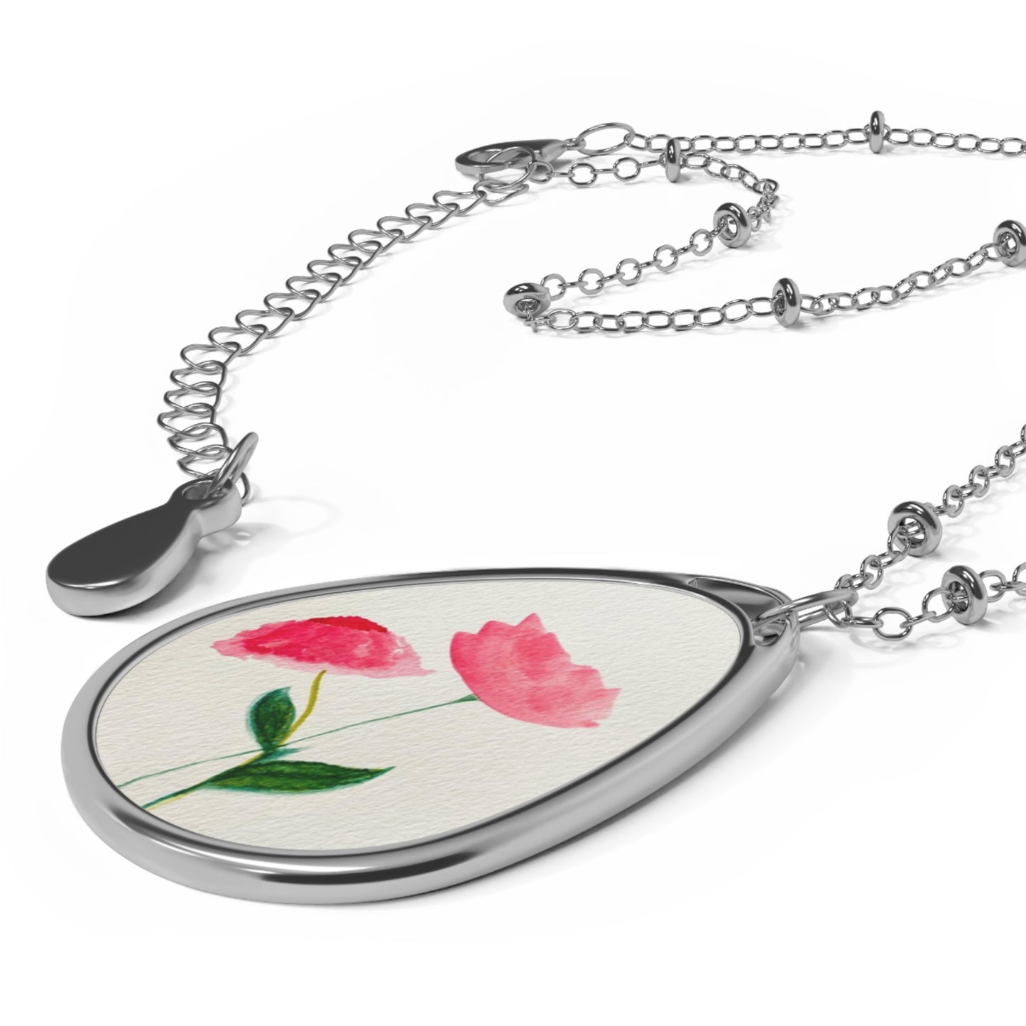 Two Pink Flowers Oval Necklace
